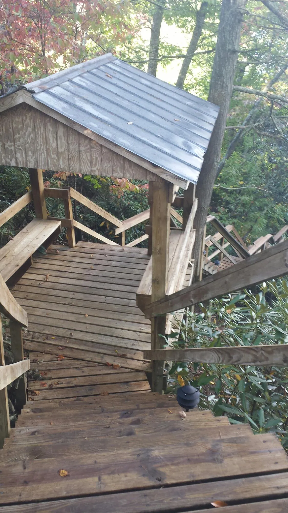Metal roofed shelter over wooden steps on a wooded walkway — Skylight Repair & Installation work by our crew in Rillton